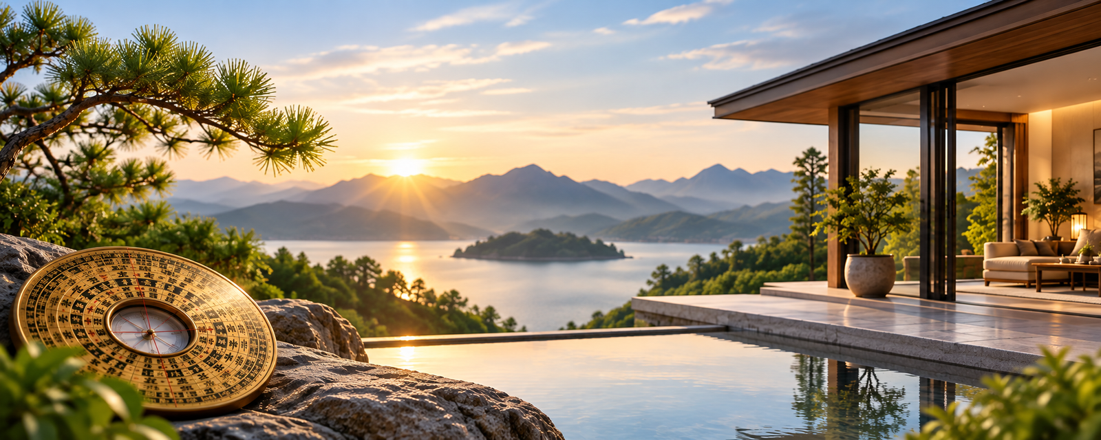 Feng Shui Bagua and compass principles connecting a home with its surrounding mountains, water and environment.