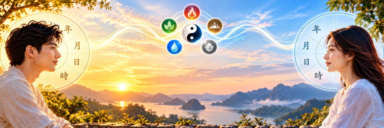 Two people and their Bazi charts meeting, illustrating relationship compatibility through the Five Elements and Yin Yang.