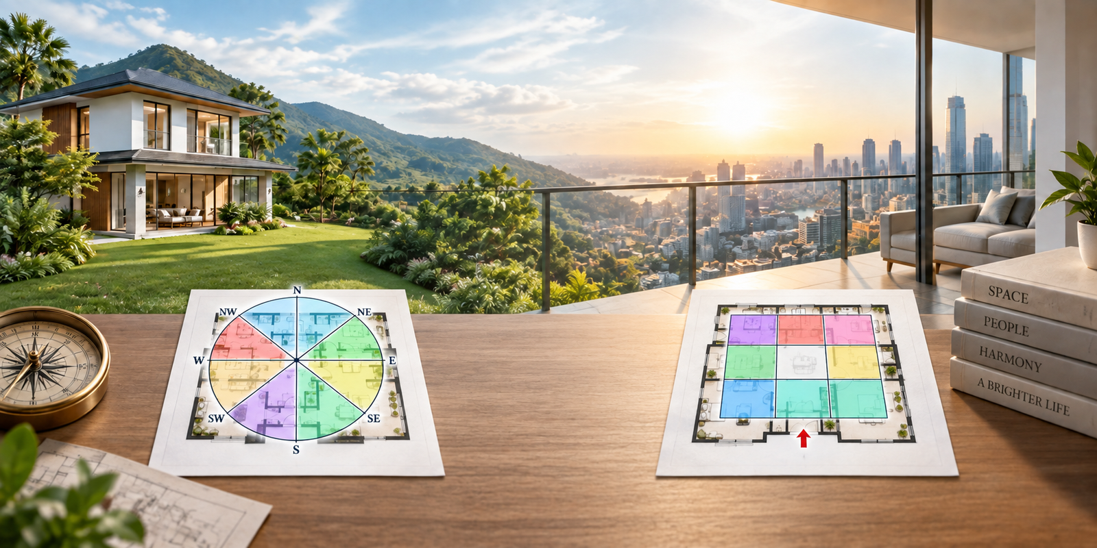 A home analyzed with Compass Bagua and Doorway Bagua maps, illustrating two different reference points for understanding the same property.