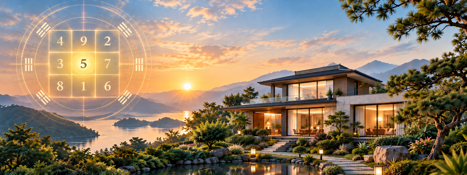 A Feng Shui Flying Star chart over a home and landscape, illustrating the relationship between property, direction and changing energy over time.