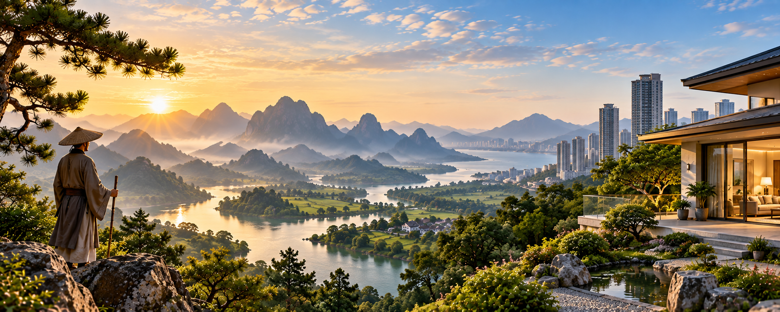 Traditional Feng Shui landscape of mountains and water transitioning toward a modern home and city, illustrating the relationship between environment and living space.