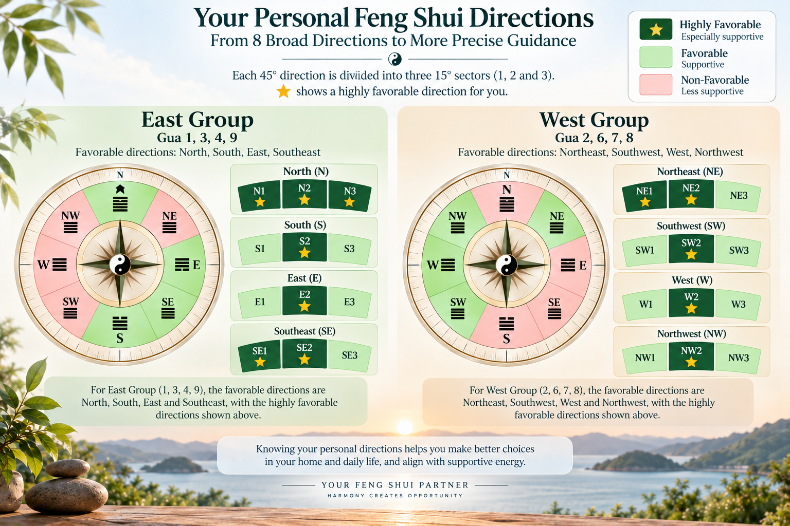 East and West Group Feng Shui directions showing favorable, non-favorable and highly favorable personal directions with greater directional precision.