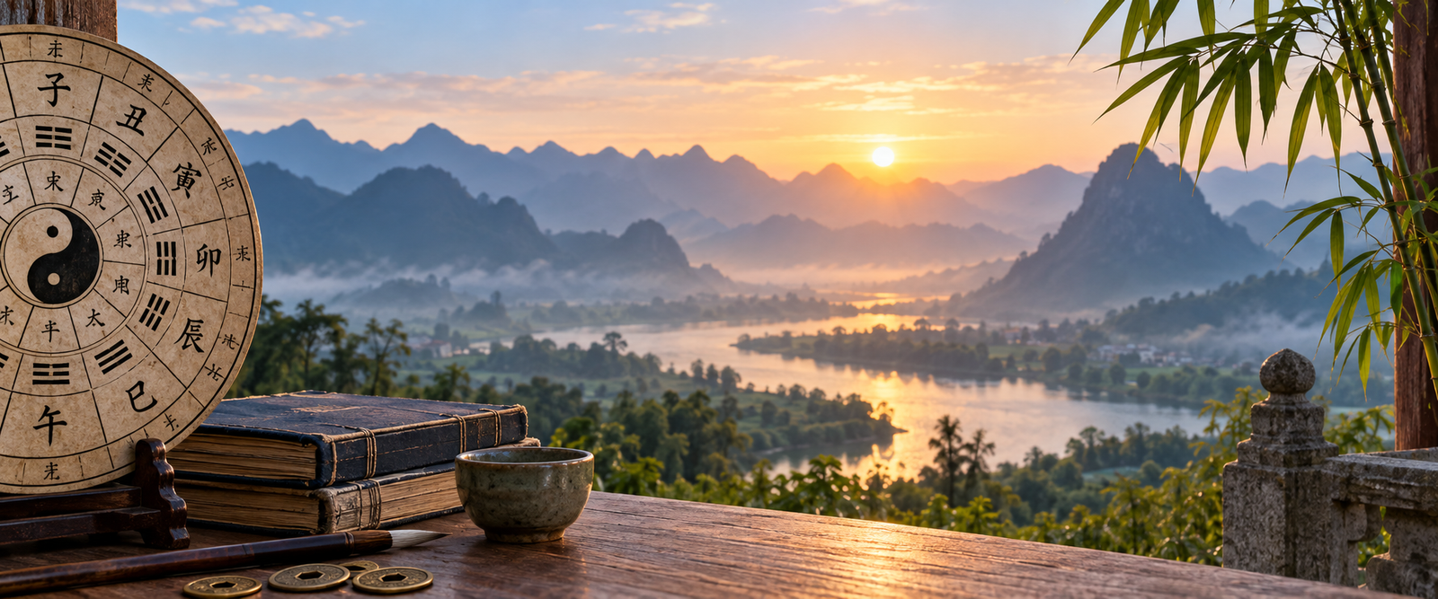 Bazi Four Pillars concept with traditional Chinese metaphysics symbols and mountain landscape