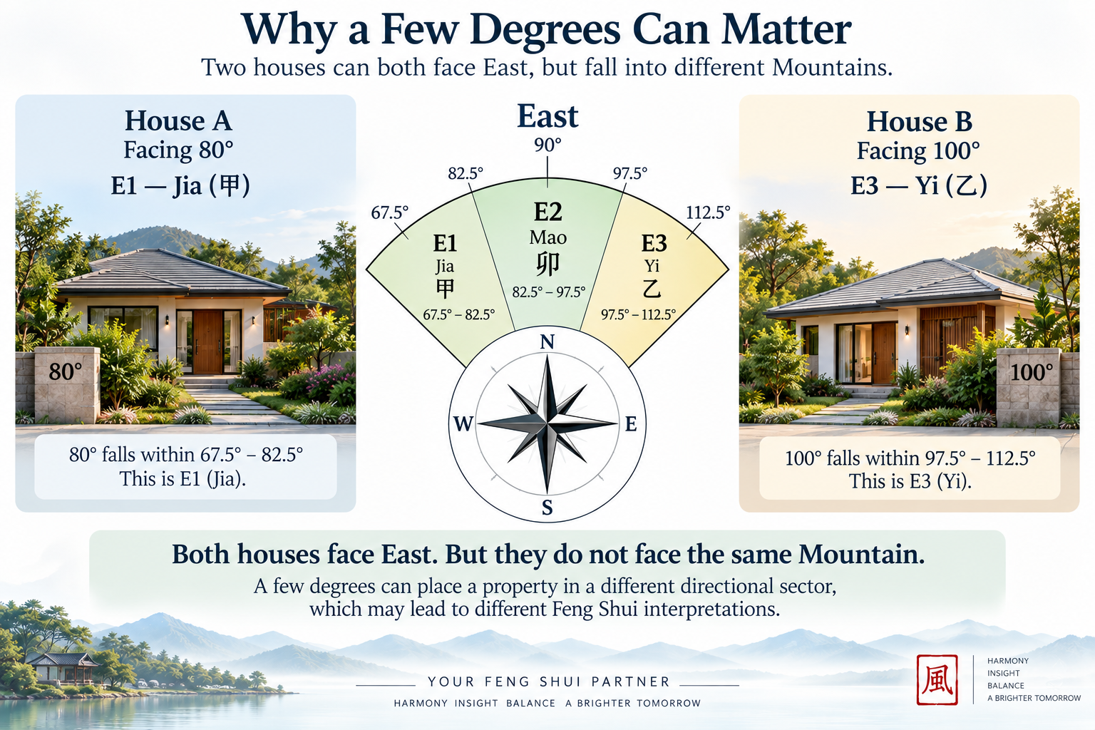 Two East-facing houses at 80 and 100 degrees showing how they belong to different Feng Shui Mountains, E1 Jia and E3 Yi.